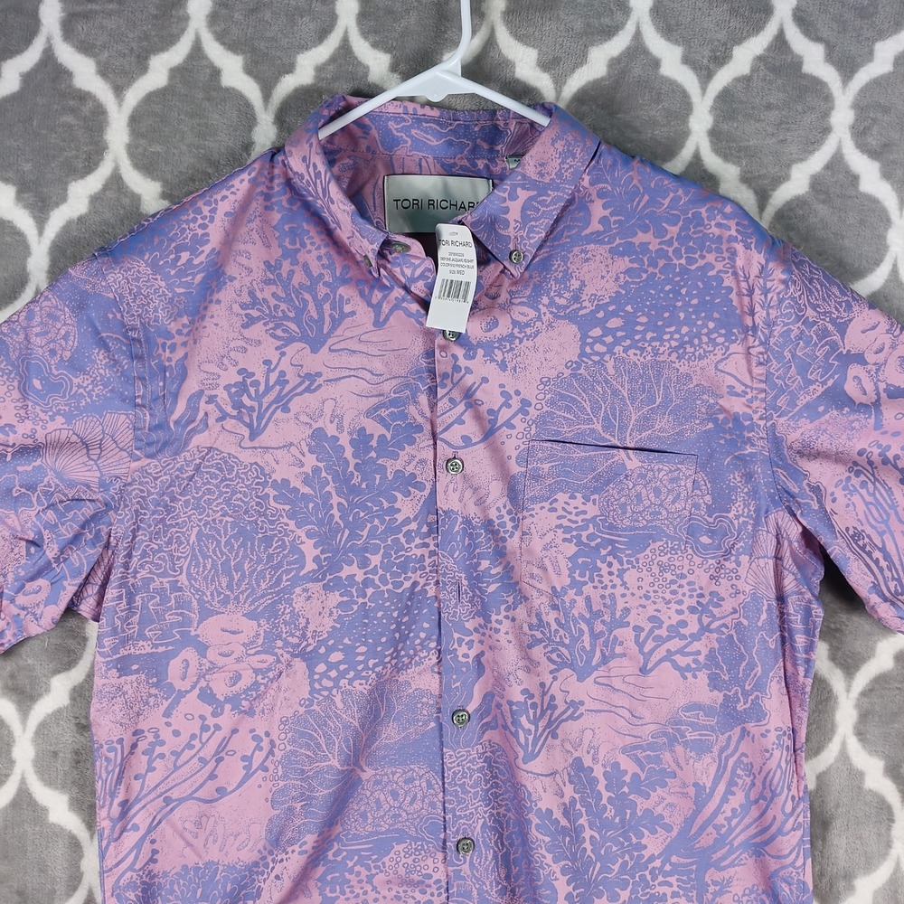 Tori Richard Shirt Men Medium Purple Pink Coral Reef Coralcopia Jacquard Cotton